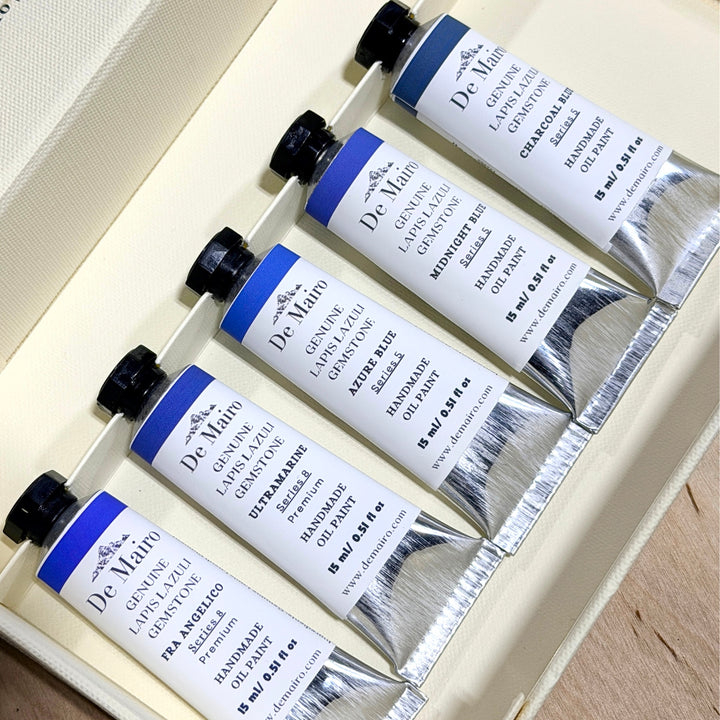 Oxus Blue Oil Paints Palette - Five Shades of Genuine Lapis Lazuli - De Mairo Ltd