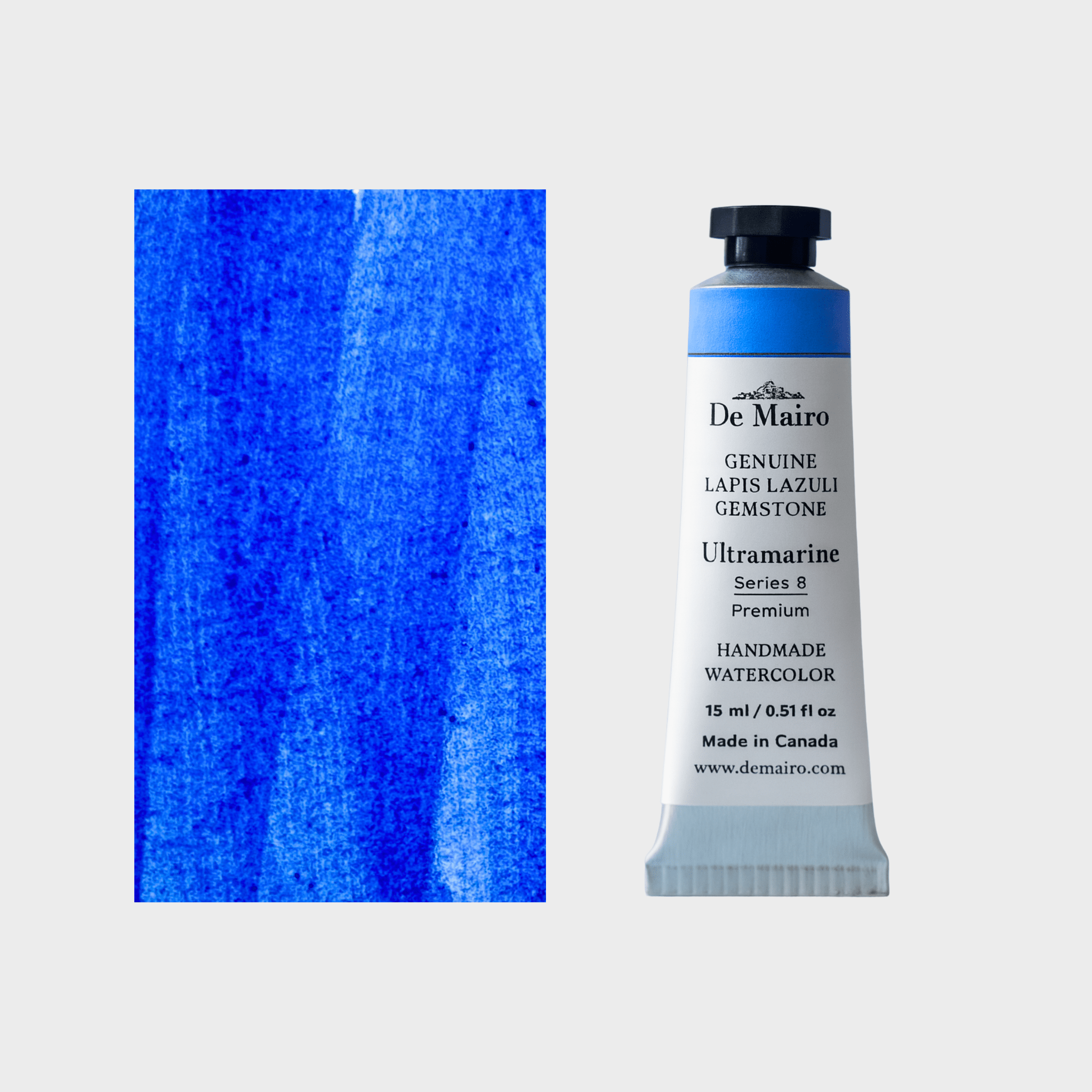 De Mairo ultramarine watercolor paint tube with a swatch of blue color on a light gray background