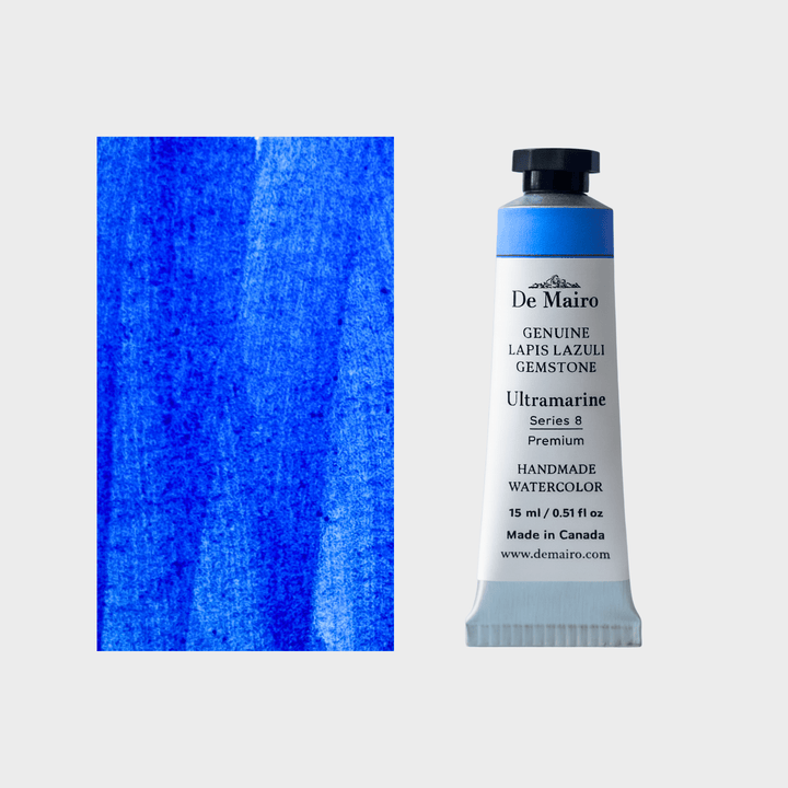 De Mairo ultramarine watercolor paint tube with a swatch of blue color on a light gray background