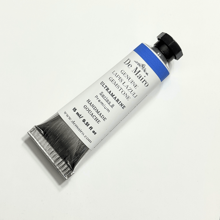 Tube of De Mairo ultramarine gouache on a white background