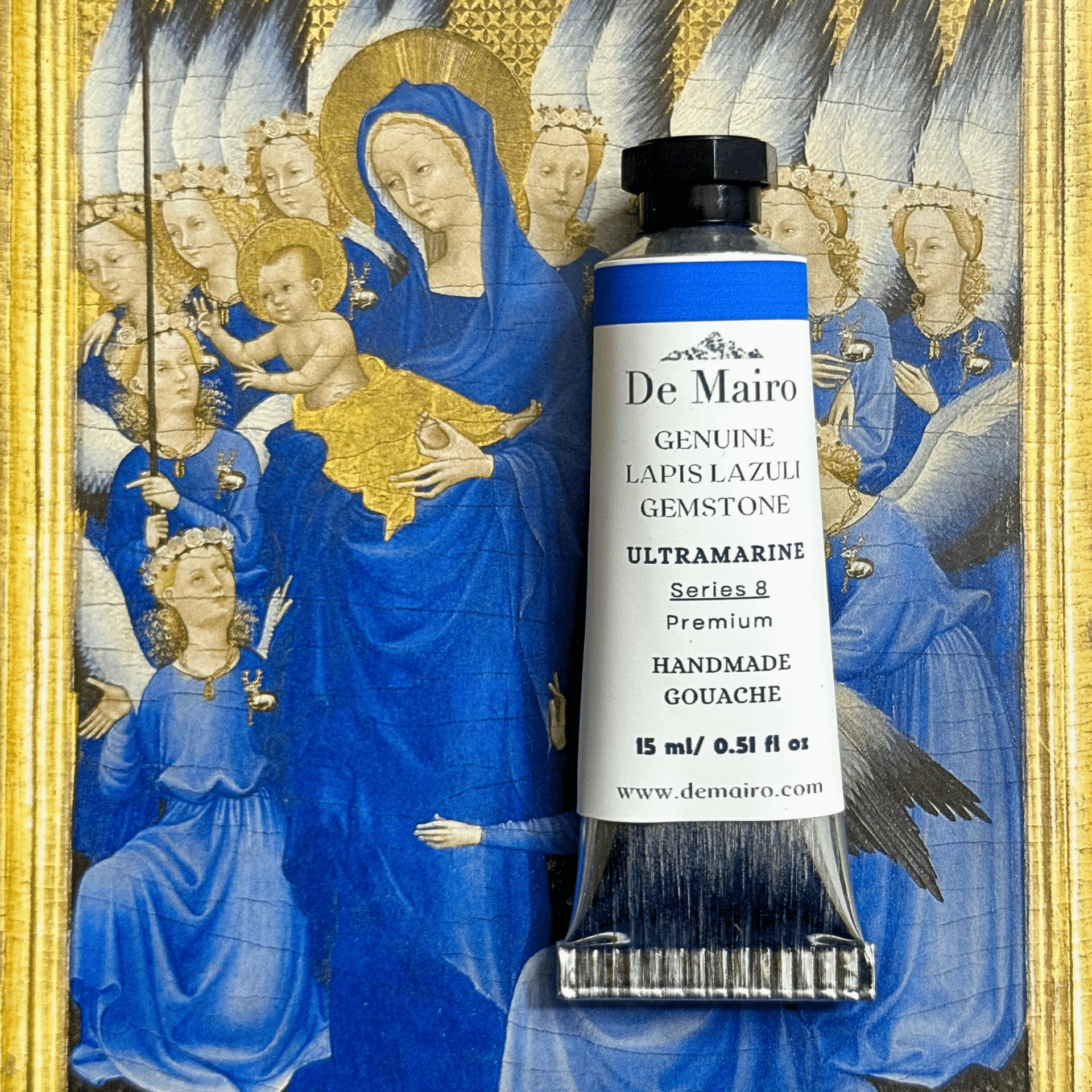 De Mairo ultramarine gouache tube with classical painting in the background