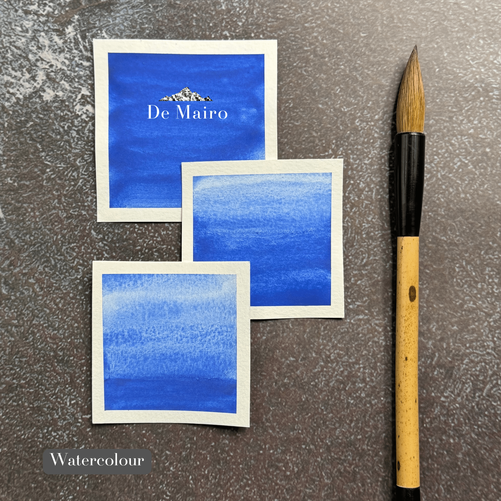 De Mairo Fra Angelico lapis lazuli watercolour swatch cards showing the blue applied on watercolour paper