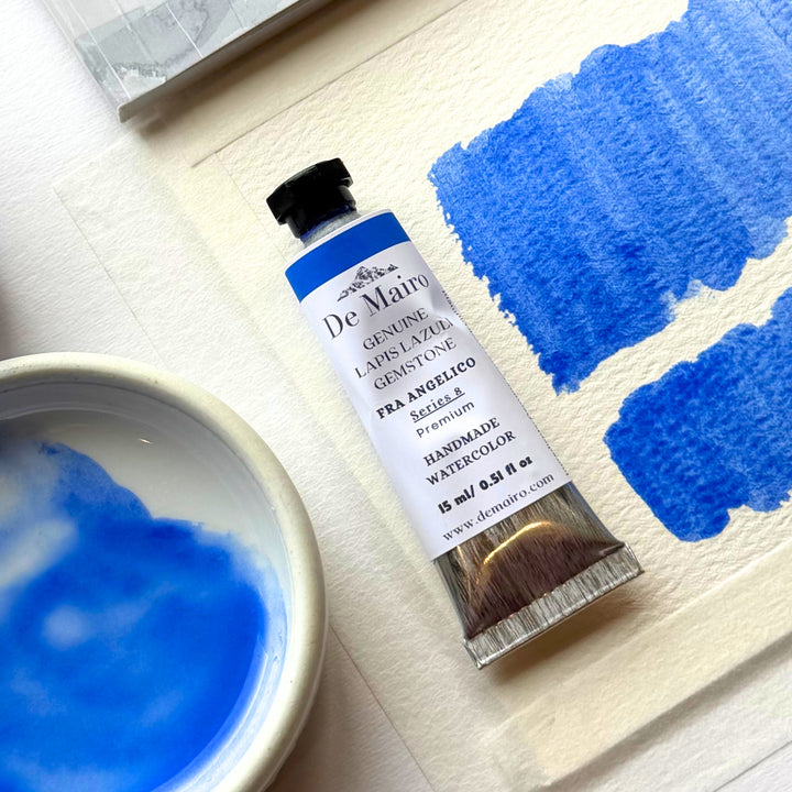 Premium lapis lazuli watercolour paint showing Fra Angelico blue shade
