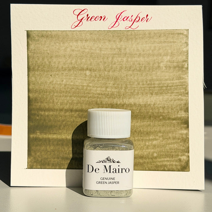 Green Jasper pigment swatch in muted olive green with the De Mairo bottle