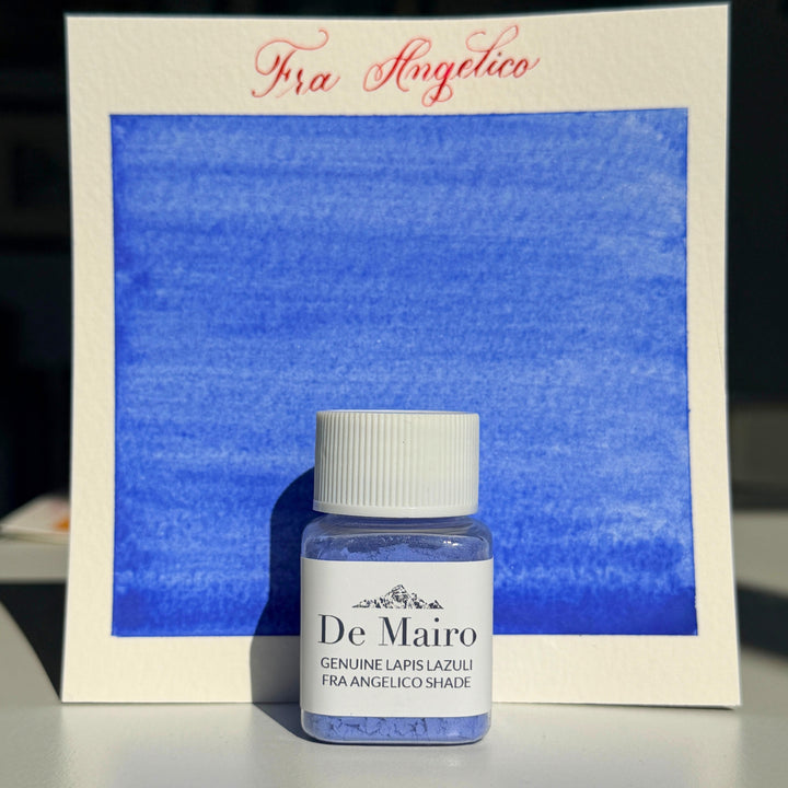 Genuine lapis lazuli Fra Angelico blue pigment swatch with the De Mairo bottle