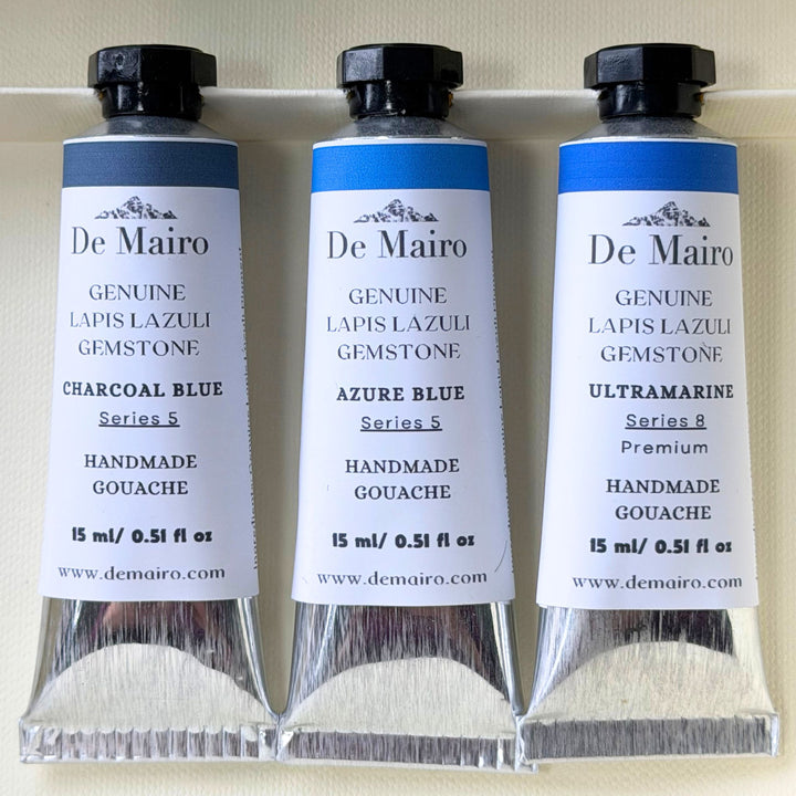De Mairo Lapis Lazuli Gouache Set – Ultramarine, Azure & Charcoal Blue (15ml × 3) - De Mairo Ltd