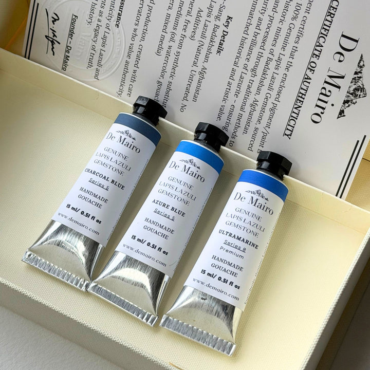 De Mairo Lapis Lazuli Gouache Set – Ultramarine, Azure & Charcoal Blue (15ml × 3) - De Mairo Ltd