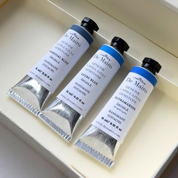 De Mairo Lapis Lazuli Gouache Set – Ultramarine, Azure & Charcoal Blue (15ml × 3) - De Mairo Ltd