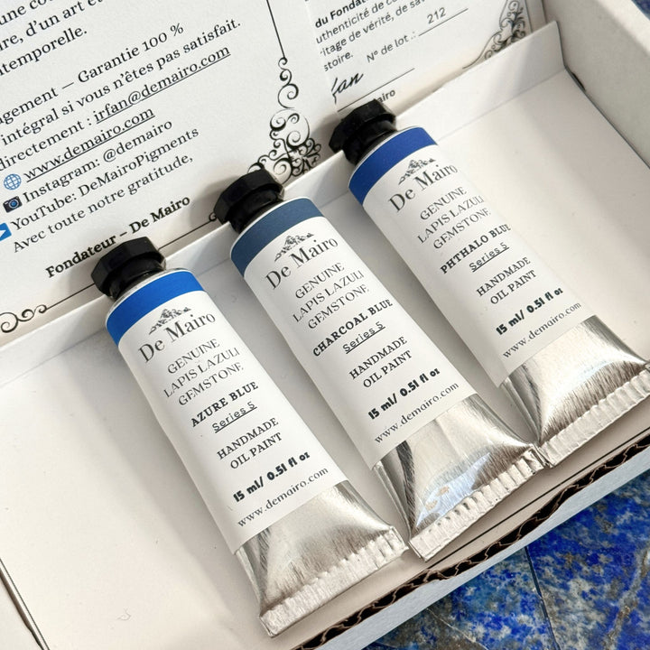 Sar - e - Sang Blue Collection – Genuine Lapis Lazuli Oil Paint Set (3 Colours) - De Mairo Ltd