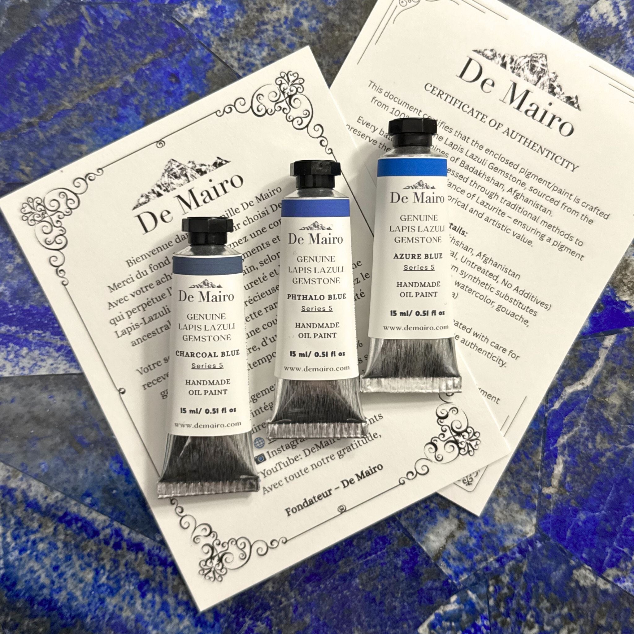 Sar - e - Sang Blue Collection – Genuine Lapis Lazuli Oil Paint Set (3 Colours) - De Mairo Ltd