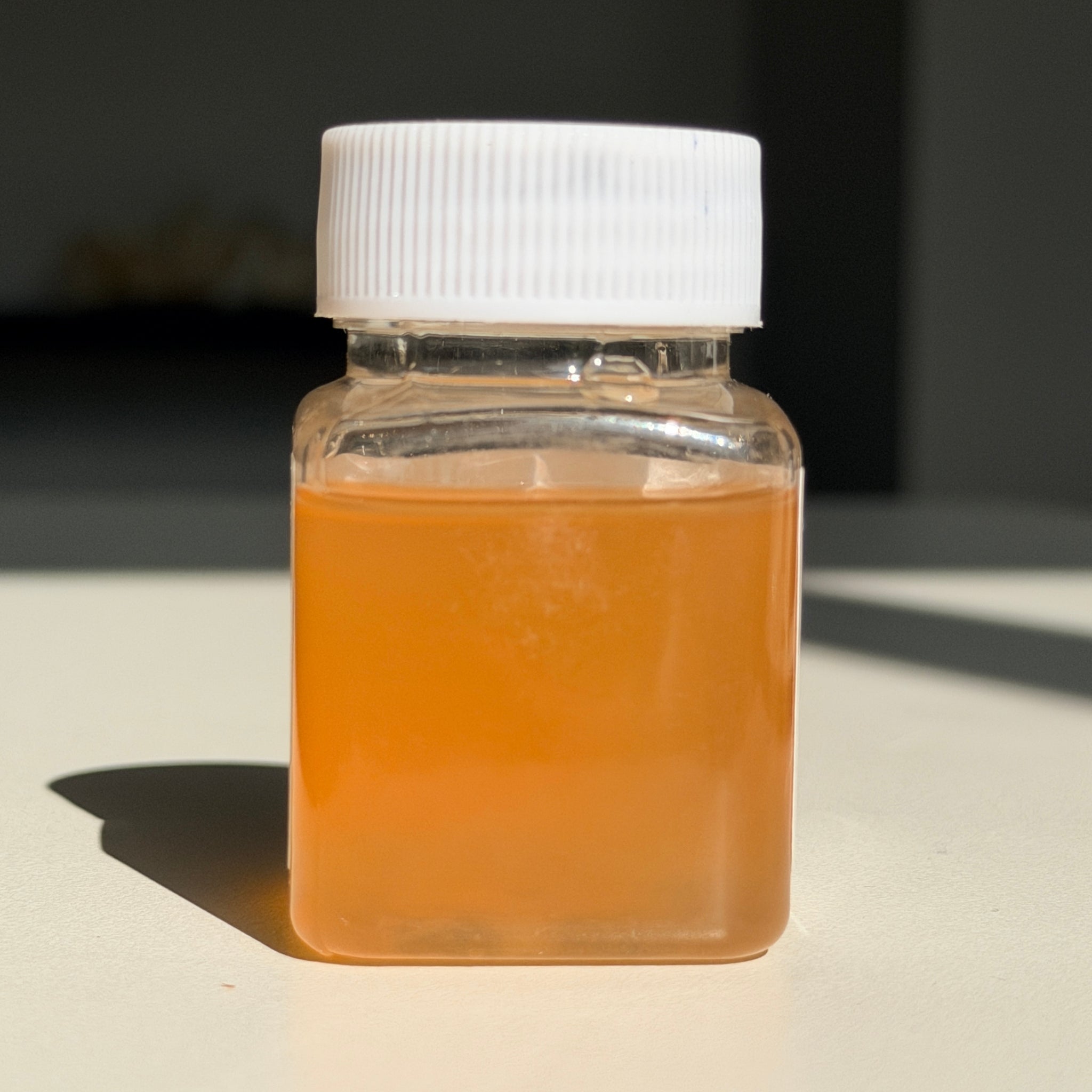 Vegan gum arabic binder solution held to the light, showing its warm amber colour